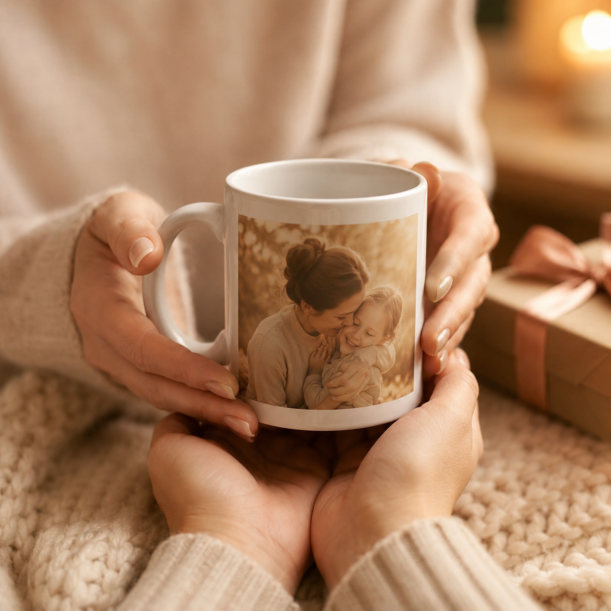 Hands holding a personalised photo mug gift